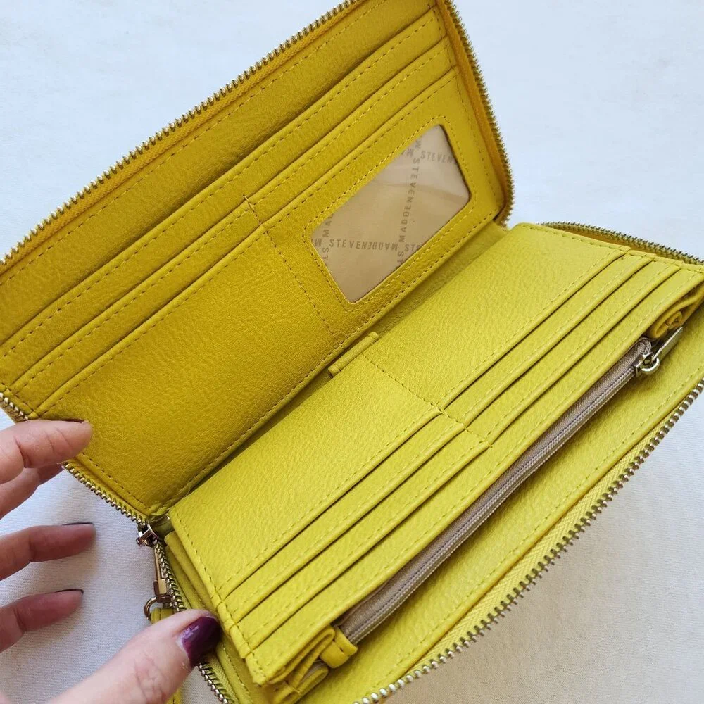 Steve Madden Yellow Embossed Logo Zip-Around Wallet Wristlet Bag Strap Fun - Picture 4 of 7